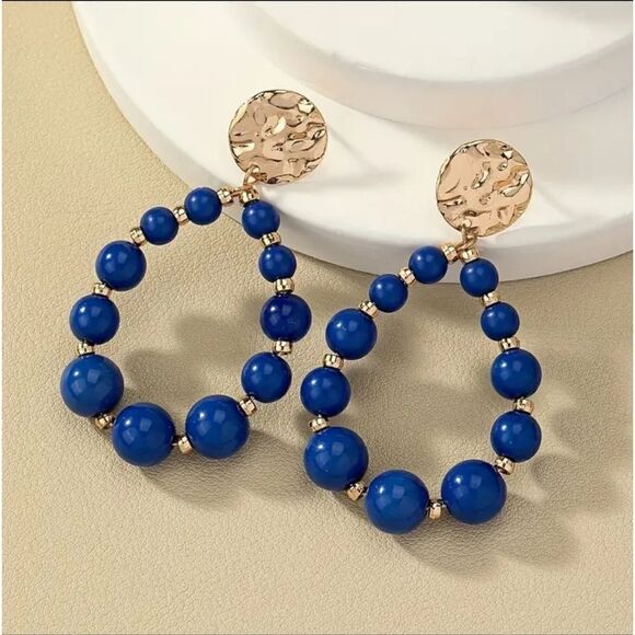 Blue & Gold Beaded Hoop Earrings - Picture 3 of 5